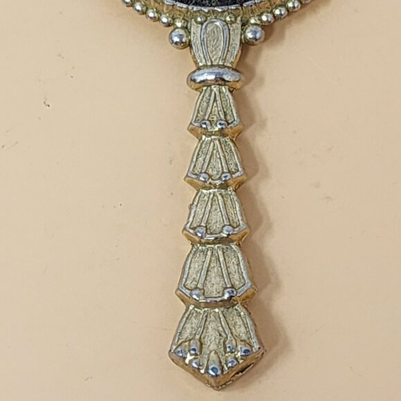 Vintage Handheld Vanity Mirror With Embroidered Pink Roses & Gold Beaded Trim - Picture 6 of 9